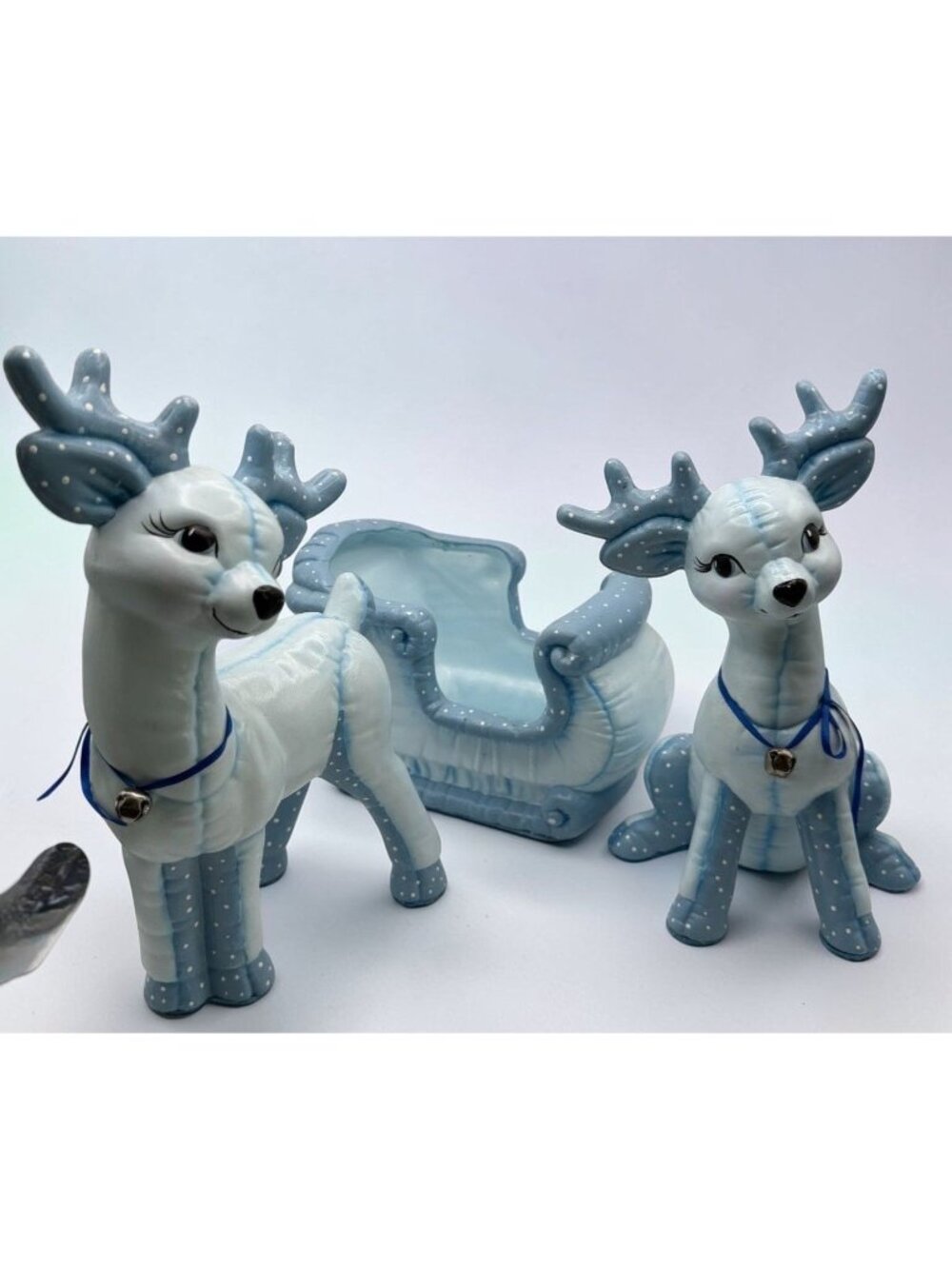 Vintage Kimple Reindeer with Sleigh Set Christmas Figurines Blue Polka Dot